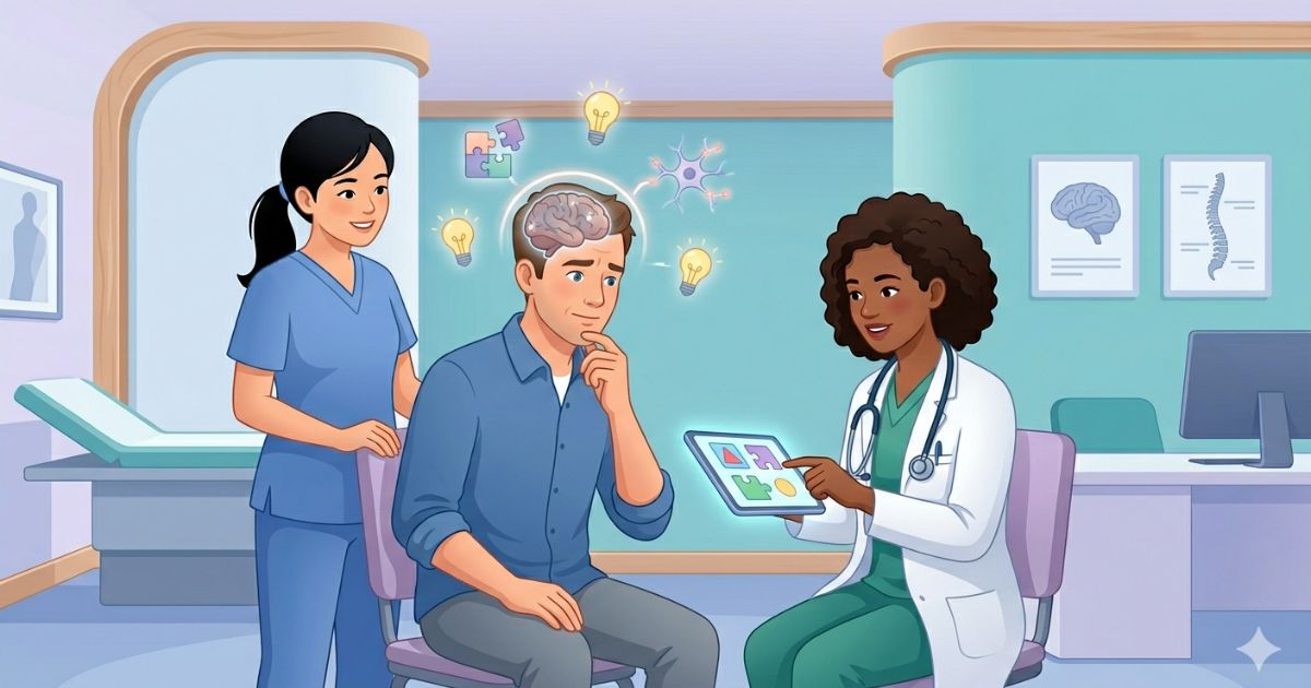 Doctor checking on a patient with memory loss and brain fog symptoms