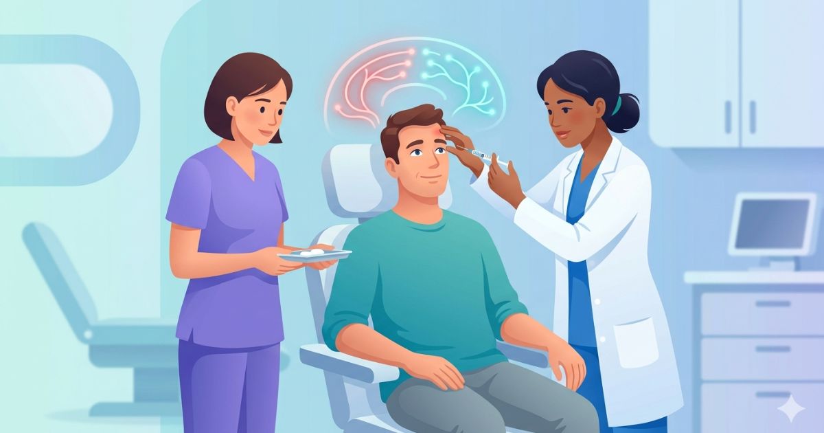 Neurologist administering Botox treatment for chronic migraine in a modern neurology clinic.