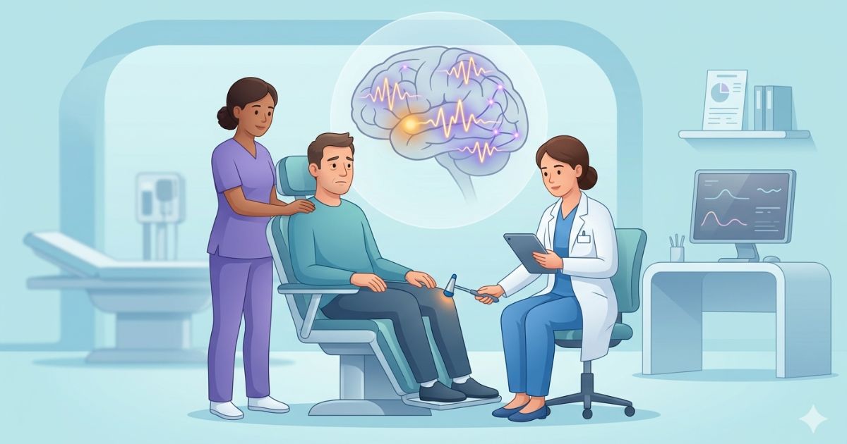 Neurology clinic scene showing a patient undergoing epilepsy evaluation, with a neurologist performing neurological testing and a subtle brain overlay illustrating abnormal electrical activity associated with seizures.