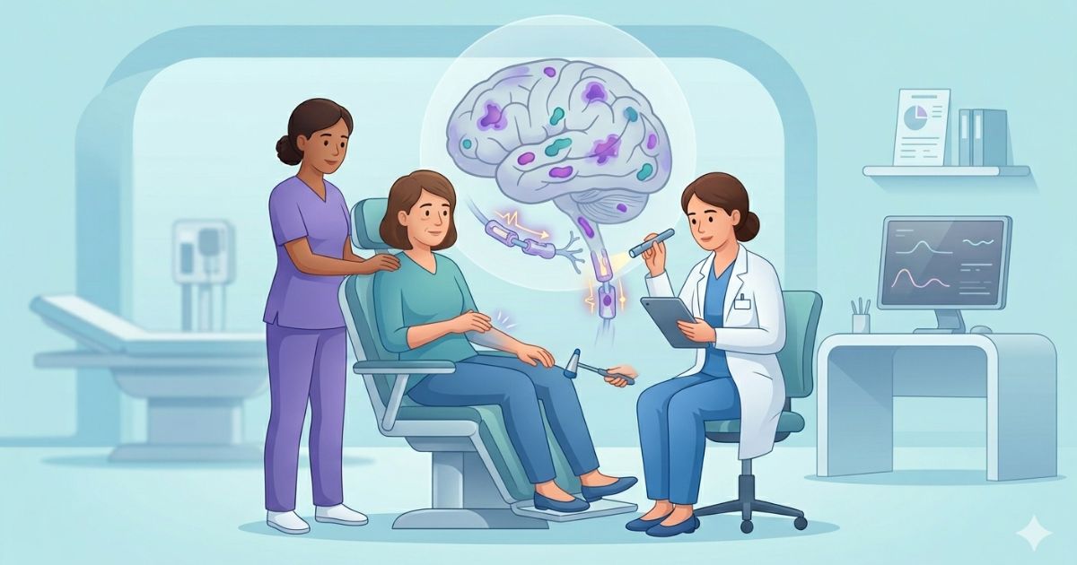 Multiple Sclerosis (MS) evaluation Neurology clinic illustration of a patient undergoing evaluation for multiple sclerosis, showing early neurological symptoms while a neurologist performs testing, with a subtle brain and spinal cord overlay highlighting demyelination and disrupted nerve signal transmission.