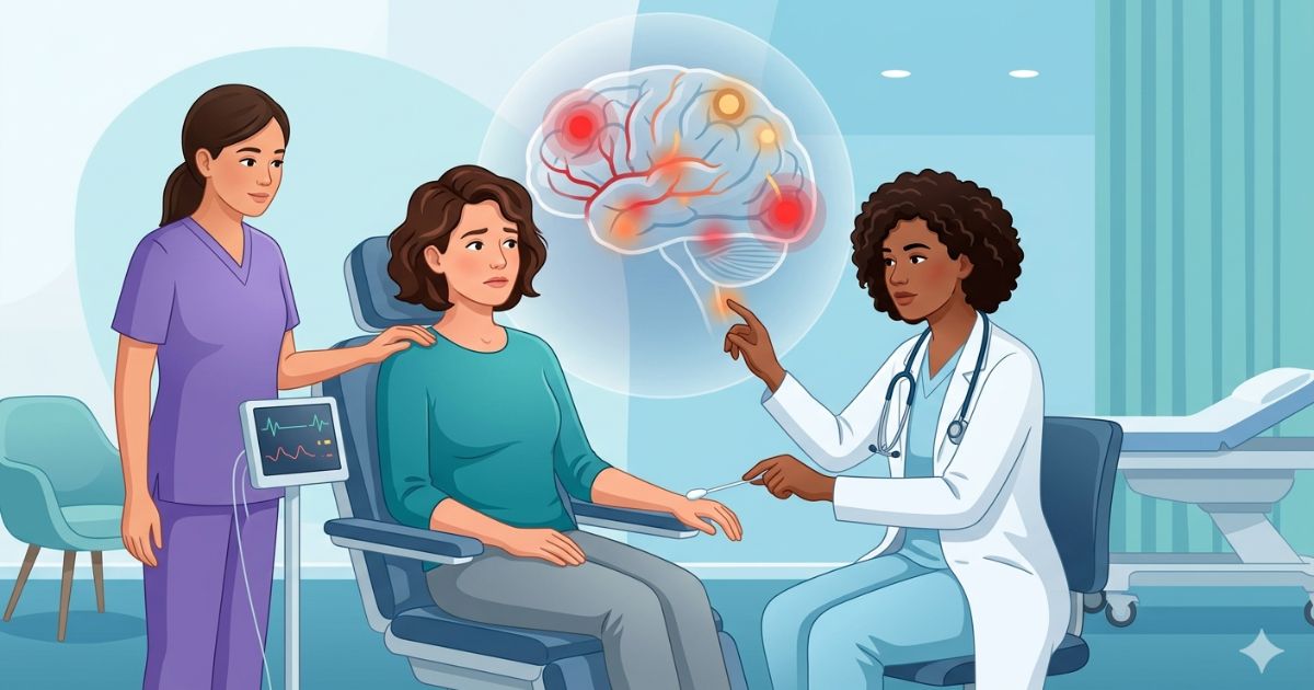Warning Signs You Shouldn’t Ignore Neurology clinic scene showing a patient being evaluated for urgent neurological warning signs, with a neurologist performing a focused exam and a subtle brain overlay highlighting potential vascular, inflammatory, and electrical abnormalities that may require immediate medical attention.