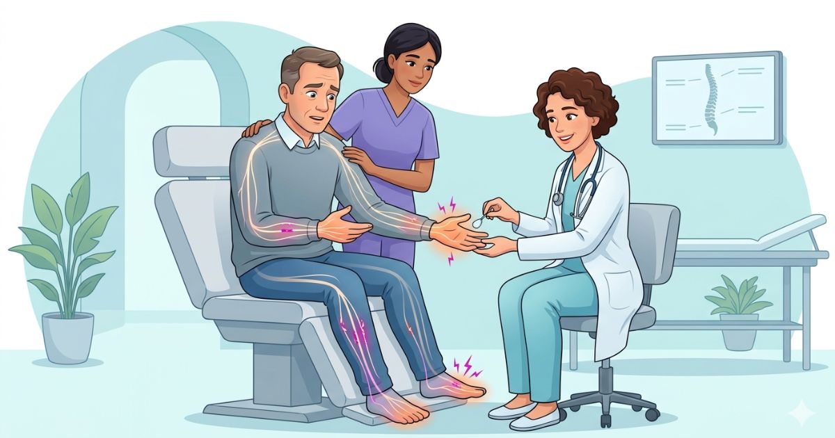 When Tingling, Burning, or Numbness May Be a Sign of Nerve Damage Neurology clinic illustration of a patient being evaluated for tingling, burning, and numbness in the extremities, with a neurologist performing sensory testing and a subtle peripheral nerve overlay showing disrupted nerve signal transmission and possible nerve irritation or damage.