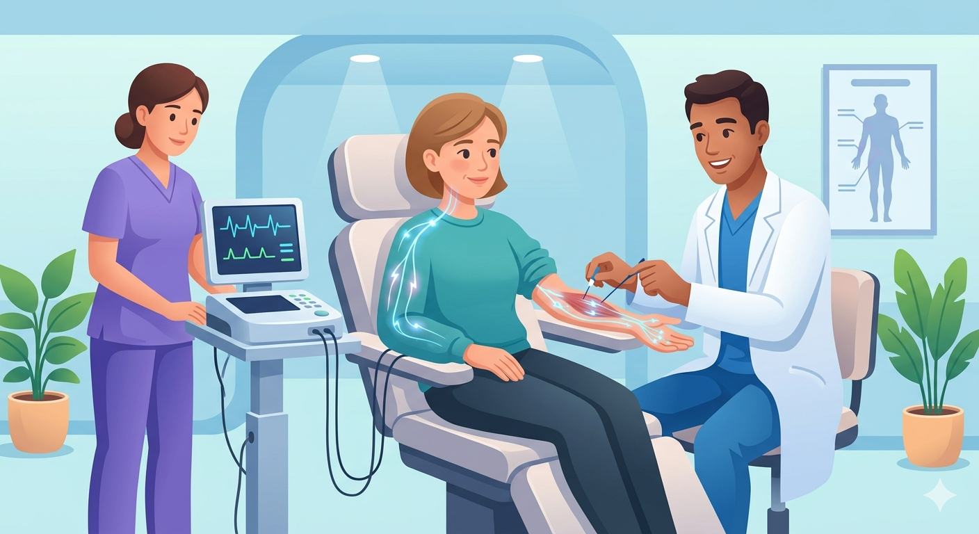 EMG Test Neurologist performing an EMG test on a patient while evaluating nerve and muscle function in a modern neurology clinic.