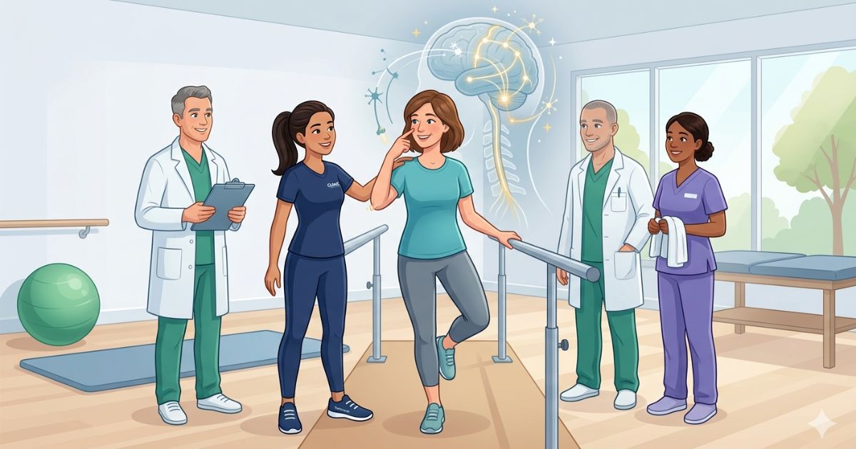 Clinic scene showing a patient performing guided physical activity for neurological wellness, with clinicians supervising and a subtle brain overlay illustrating strengthened neural pathways and neuroplasticity supporting improved coordination and brain health.
