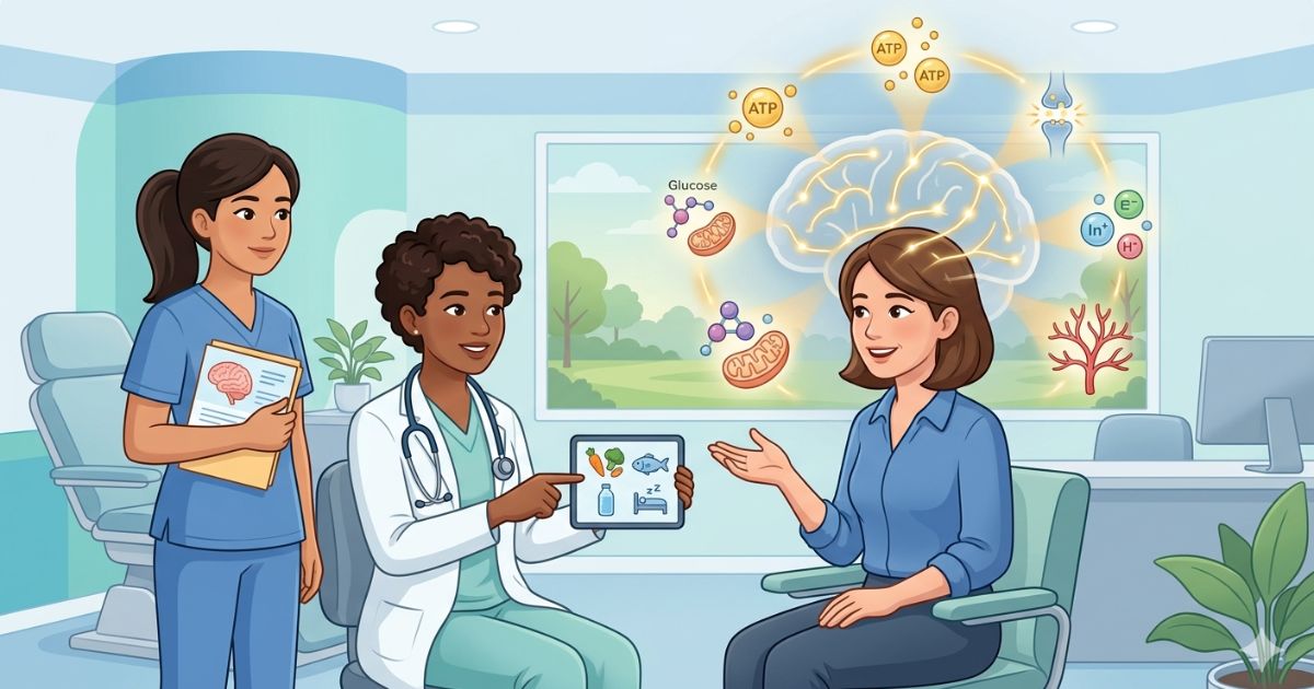 Nutrition and Hydration Tips for Better Brain Function Neurology clinic scene showing a patient receiving guidance on nutrition and hydration for brain health, with a neurologist explaining healthy lifestyle habits and a subtle brain overlay illustrating improved cognitive function and neural efficiency supported by proper diet and hydration.