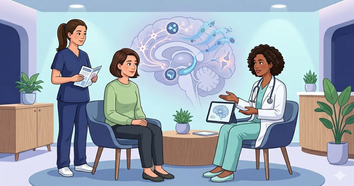 Neurology clinic scene showing a patient receiving guidance on sleep and brain health, with a neurologist explaining the importance of sleep for neural recovery and a subtle brain overlay illustrating memory consolidation, waste clearance, and nervous system restoration during sleep.