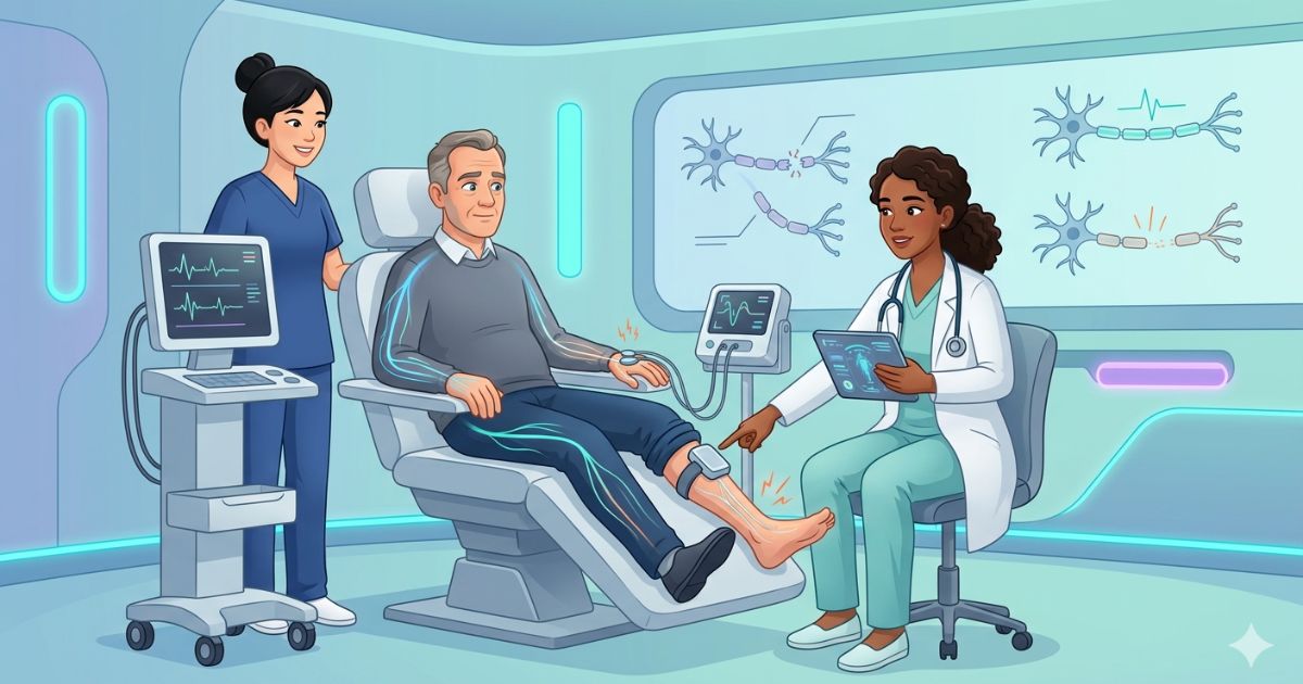 Advanced neurology clinic scene showing a patient being evaluated for neuropathy using modern diagnostic technology, with a neurologist performing nerve assessments and a subtle overlay of peripheral nerves illustrating improved diagnostic mapping and nerve signal analysis.