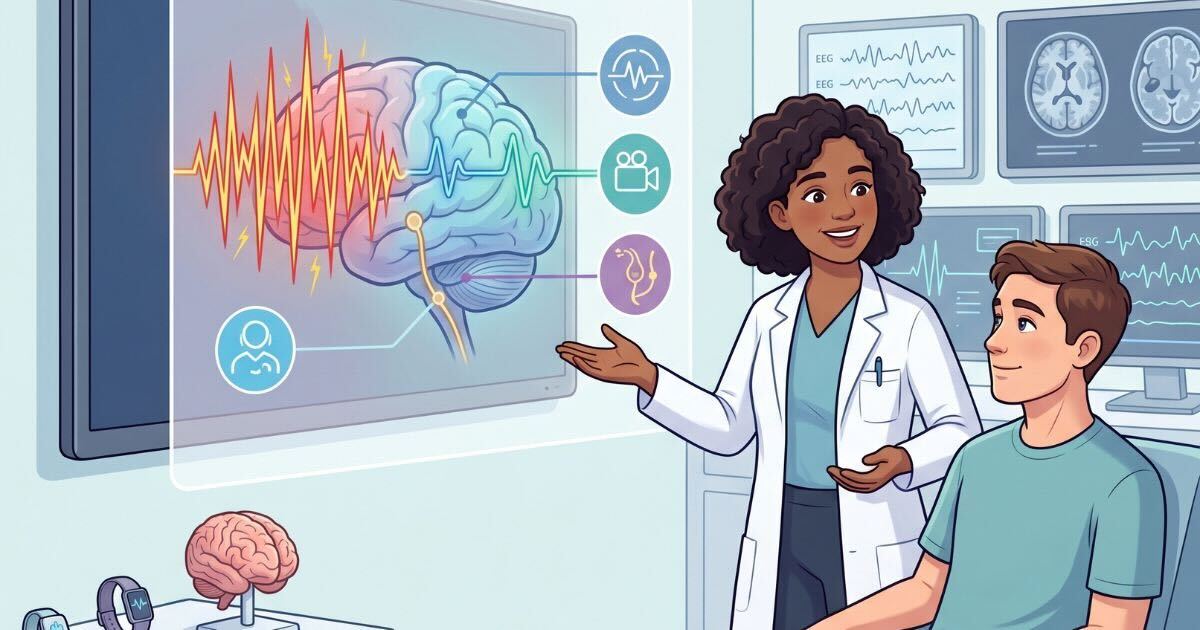 Advances_in_Epilepsy_Monitoring_and_Treatment Illustration showing a neurologist explaining advances in epilepsy monitoring and treatment, with visual elements representing EEG technology, wearable devices, and improved brain activity control in a modern clinical setting.
