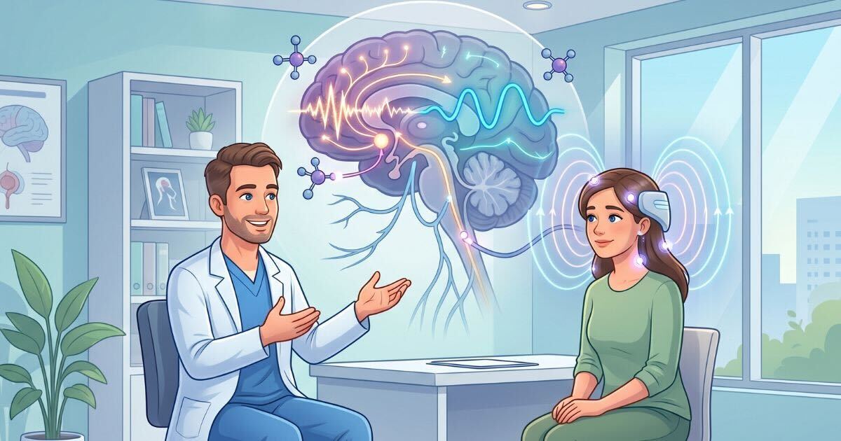 Illustration showing a neurologist discussing advanced migraine treatments with a patient, featuring a brain overlay that highlights migraine pain pathways and modern therapies such as targeted medications, Botox, and neuromodulation.