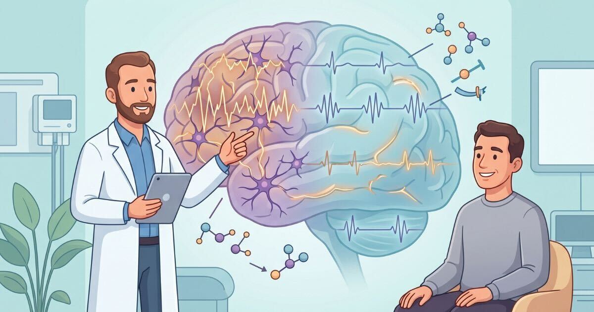 Illustration showing a neurologist explaining seizure medications and brain activity control to a patient, with a brain overlay illustrating abnormal electrical activity becoming stabilized through treatment.