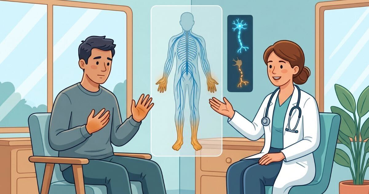 Illustration showing a neurologist explaining numbness in hands and feet to a patient, with a subtle overlay of peripheral nerves illustrating sensory disruption in a stocking-glove pattern as an early warning sign of nerve-related conditions.