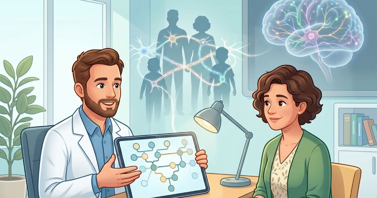 Illustration showing a neurologist discussing family history and neurological risk with a patient, with subtle visual elements representing genetics, inherited risk, and brain connectivity in a calm clinical education setting.