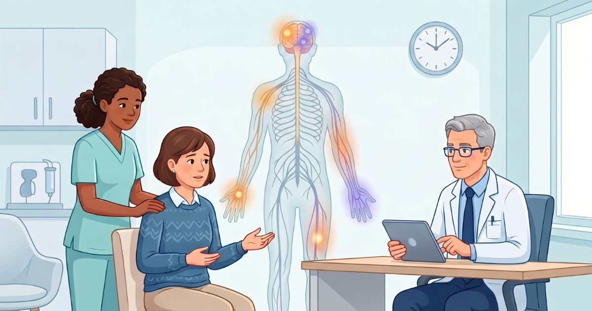Illustration of a patient discussing neurological symptoms with a neurologist, including headaches, numbness, weakness, dizziness, and memory concerns, with a subtle overlay highlighting brain and nerve pathways to emphasize the importance of early neurological evaluation and treatment.