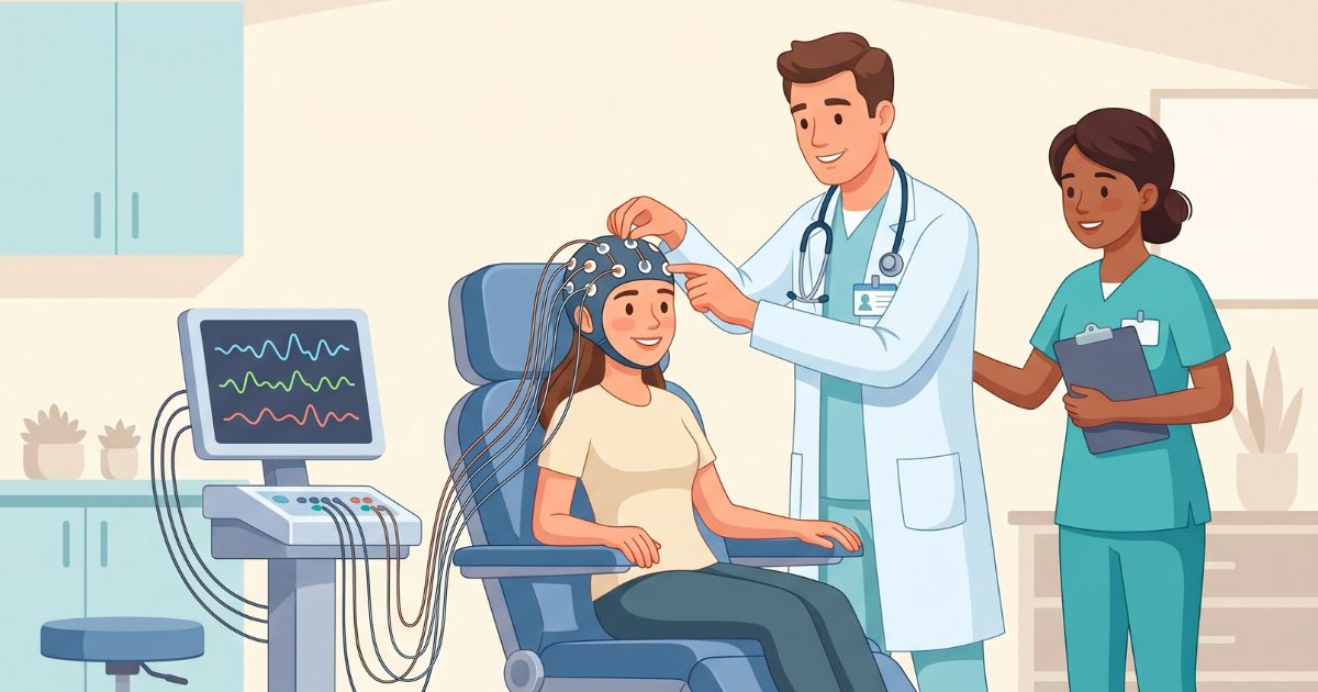 Neurology clinic showing a female patient wearing an EEG cap while a doctor adjusts scalp electrodes and monitors brainwave activity on a nearby device, with a nurse assisting in a calm, modern clinical environment.