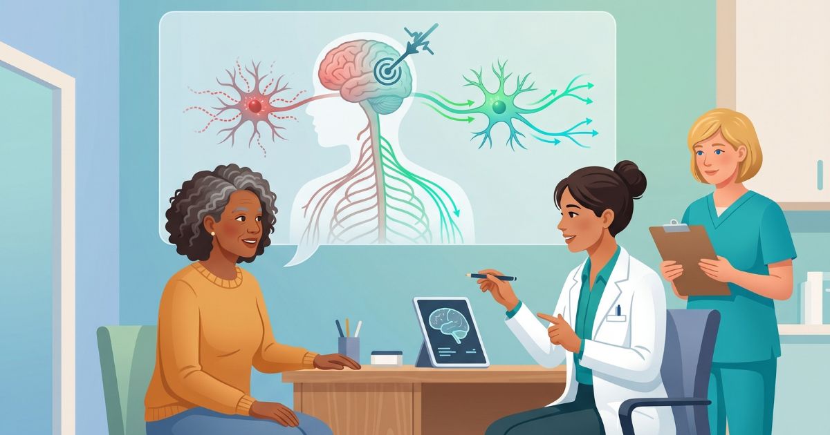 Illustration of a patient meeting with a neurologist to discuss a personalized treatment plan, featuring a subtle nervous system overlay representing targeted care focused on addressing the root cause of neurological symptoms and improving overall function.