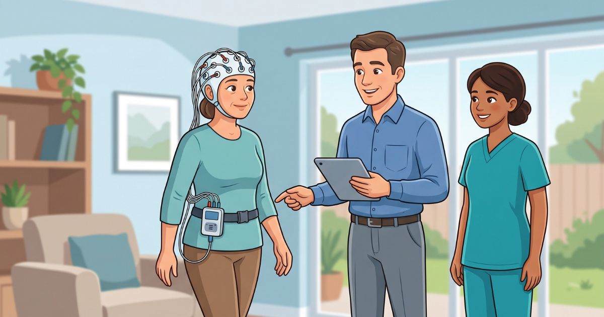 A female patient wearing a portable ambulatory EEG device while walking calmly in a home or outdoor setting, with a doctor and nurse nearby observing and explaining the monitoring process in a calm, supportive environment.