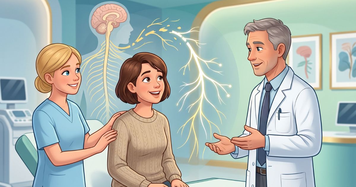 Illustration of a patient meeting with a neurologist during an early diagnosis consultation, featuring a subtle nervous system overlay that highlights the benefits of timely treatment, improved outcomes, and prevention of neurological complications.