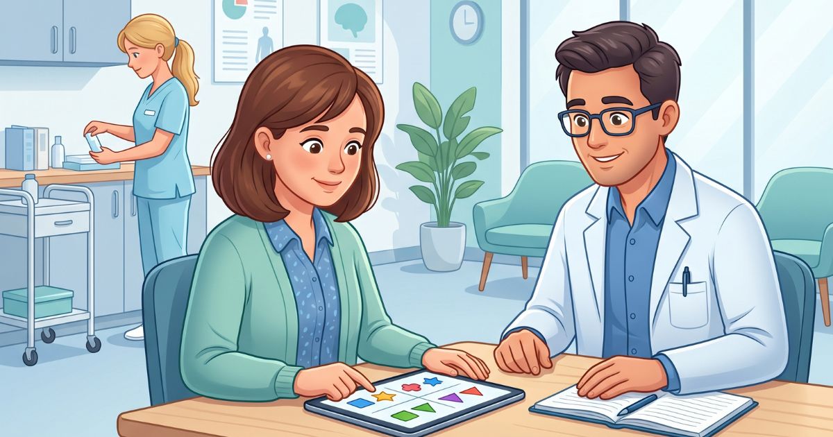 A female patient completing neurocognitive testing on a tablet in a modern neurology clinic while a neuropsychologist observes and guides the assessment, with a calm clinical setting and supportive medical staff in the background.
