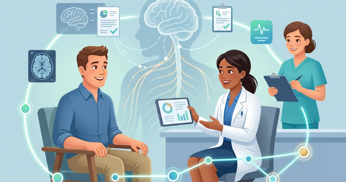 Illustration of a patient meeting with a neurologist and nurse to discuss diagnosis, treatment, and long-term neurological care, featuring a subtle nervous system overlay that represents personalized treatment planning, advanced diagnostics, and coordinated patient-centered care.