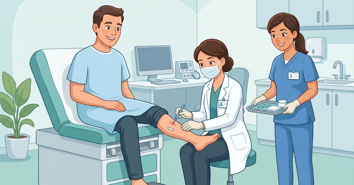 A male patient in a neurology clinic undergoing a small skin biopsy on the lower leg for neuropathy testing, with a doctor performing a precise, gentle procedure and a nurse assisting in a clean, calm clinical environment.