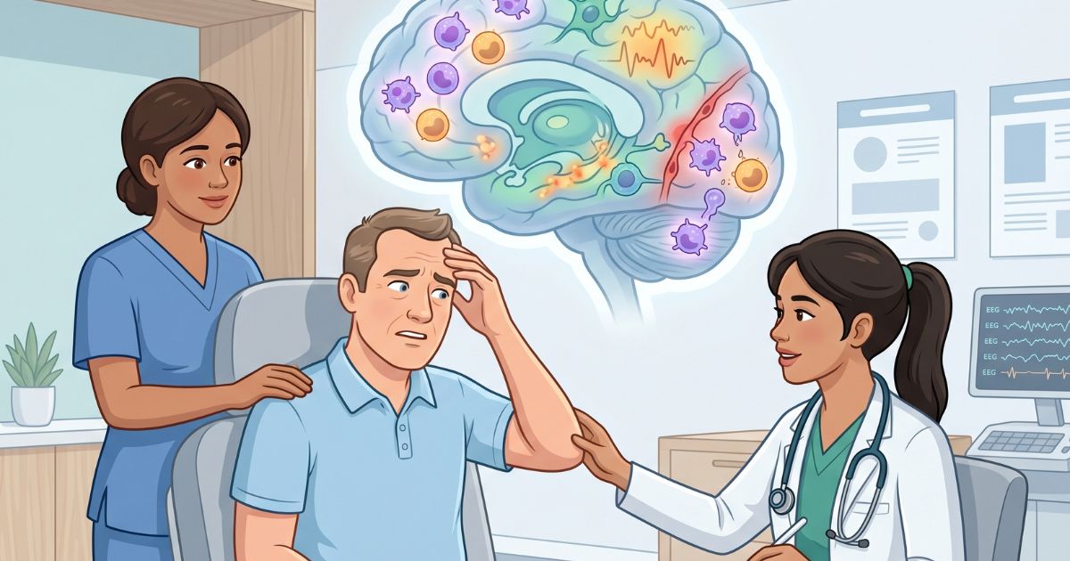 Autoimmune encephalopathy An adult male patient in a neurology clinic showing confusion and fluctuating cognition consistent with autoimmune encephalopathy, while a neurologist performs a comprehensive cognitive and neurological assessment with nurse support, featuring a subtle brain overlay showing widespread inflammatory activity and disrupted neural signaling across cortical and limbic regions in a calm clinical setting.