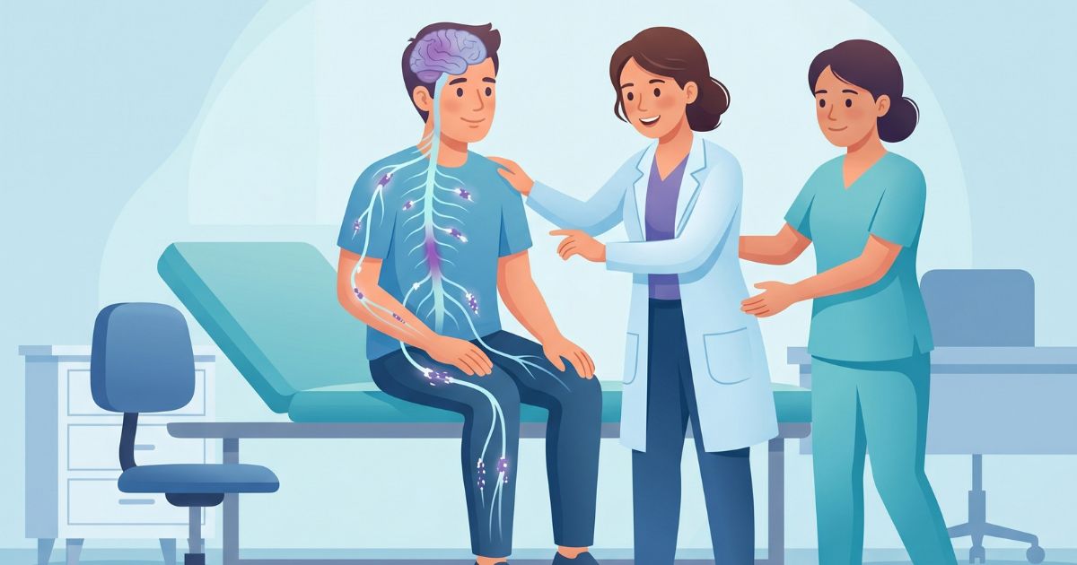 Multiple sclerosis A male patient in a neurology clinic undergoing evaluation for multiple sclerosis, while a neurologist performs a detailed neurological examination with nurse support, featuring a subtle brain and spinal cord overlay showing scattered demyelination along central nervous system pathways in a calm clinical setting.