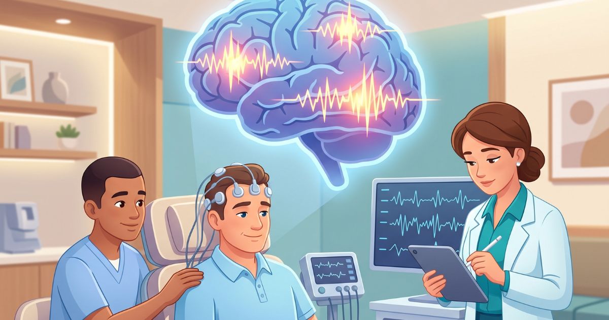 A male patient in a neurology clinic during epilepsy evaluation, with a neurologist observing brain activity and a nurse providing supportive monitoring after a brief seizure episode, featuring a subtle brain overlay showing abnormal synchronized electrical activity represented as glowing wave patterns and spikes in a calm clinical setting.