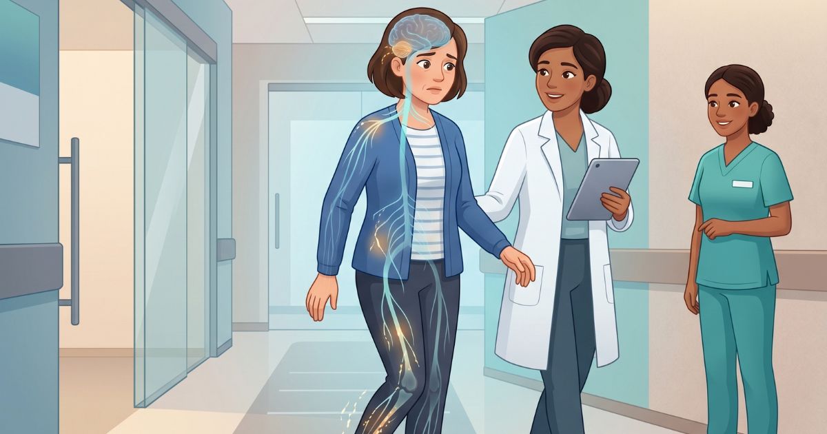 Gait abnormalities A female patient walking in a neurology clinic hallway during a gait assessment, showing unsteady, cautious steps and mild imbalance, while a neurologist performs a structured gait and balance evaluation with nurse support, featuring a subtle visual overlay of the nervous system highlighting disrupted motor coordination pathways affecting balance and proprioception in a calm clinical setting.