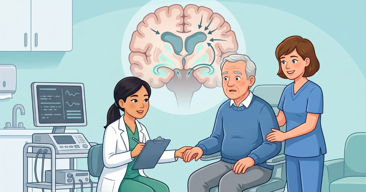 Normal pressure hydrocephalus An elderly male patient in a neurology clinic undergoing assessment for normal pressure hydrocephalus, while a neurologist performs gait, cognitive, and coordination testing with nurse support, featuring a subtle brain overlay showing enlarged ventricles and ventricular expansion affecting surrounding white matter pathways in a calm clinical setting.