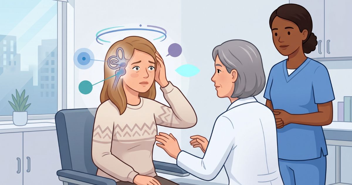 Dizziness and vertigo A female patient in a neurology clinic showing symptoms of dizziness and vertigo, while a neurologist performs vestibular and neurological balance testing with nurse support, featuring a subtle vestibular system overlay highlighting inner ear and brainstem balance pathways with sensory mismatch in a calm clinical setting.