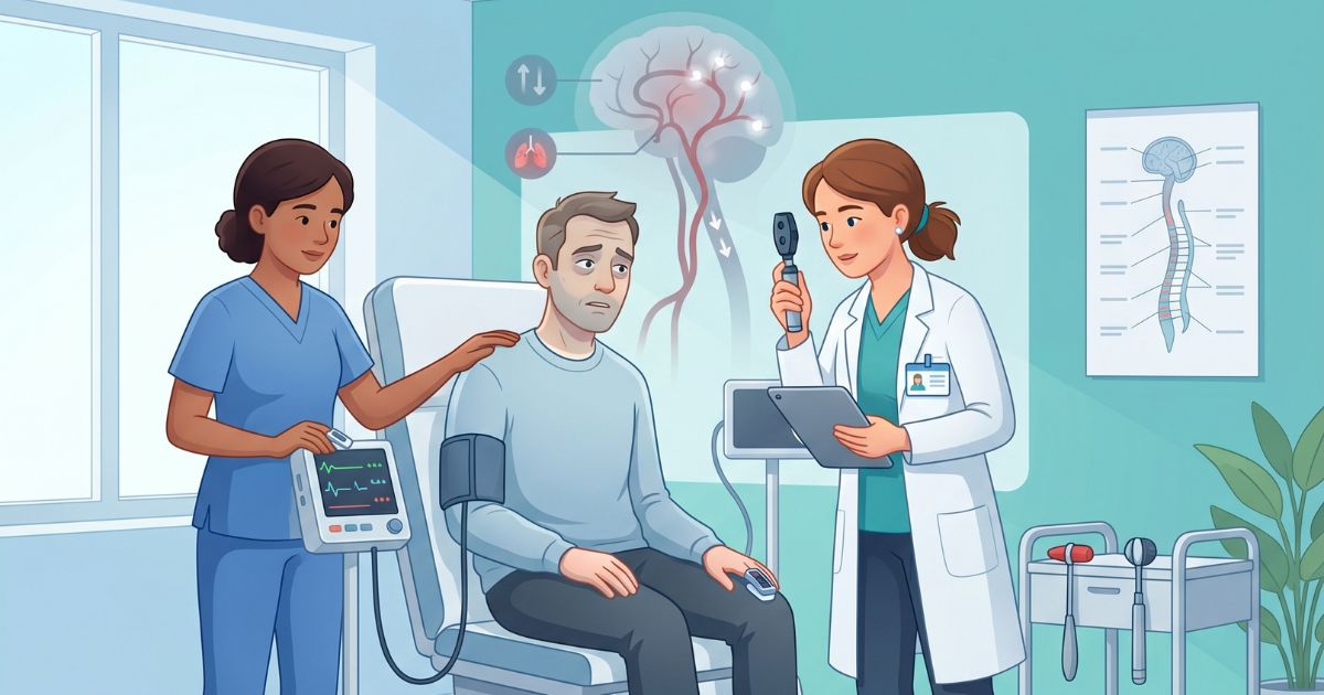 An adult male patient in a neurology clinic after a syncope episode, showing post-fainting recovery with mild confusion and fatigue, while a neurologist performs cardiovascular and neurological evaluation with nurse support, featuring a subtle brain overlay showing transient reduced cerebral blood flow with recovery in a calm clinical setting.