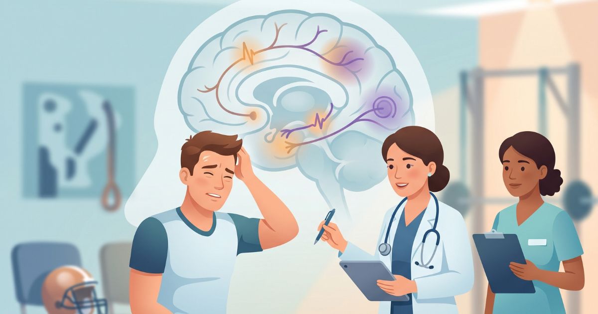 Sports-related concussion A young adult male athlete in a sports neurology clinic after a concussion, showing mild confusion, slowed response, and light sensitivity, while a neurologist performs a structured concussion assessment with nurse support, featuring a subtle brain overlay showing temporary functional disruption and altered neural signaling in attention, balance, and visual processing networks in a calm clinical setting.
