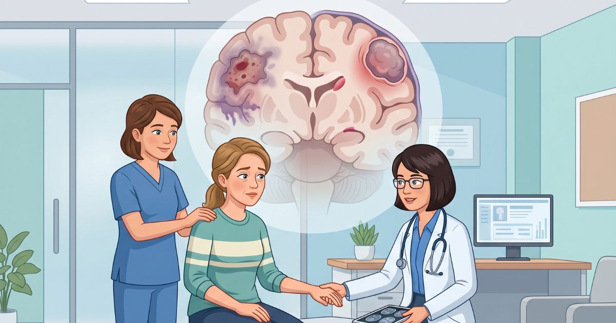 An adult female patient in a neurology oncology clinic showing concern and fatigue with subtle neurological symptoms consistent with brain tumors, while a neurologist-oncologist performs a detailed neurological assessment with nurse support, featuring a subtle brain overlay showing different tumor types (GBM, astrocytoma, and meningioma) with mass effect and localized brain compression in a calm clinical setting.