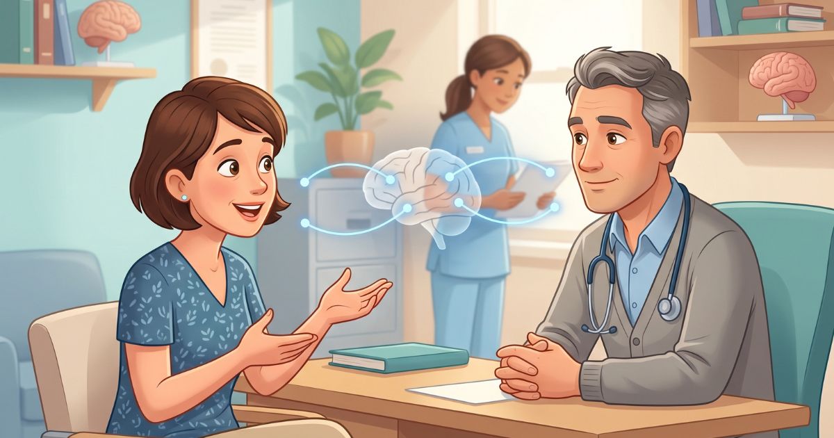 Illustration of a patient asking questions during a one-on-one neurology consultation in a doctor’s office, with a neurologist responding attentively in a calm, supportive setting.