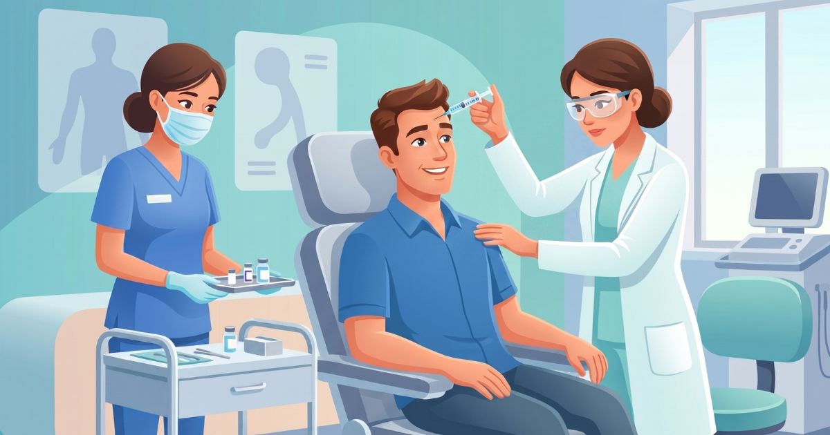 A male patient receiving botulinum toxin injections in a modern neurology clinic, with a neurologist carefully administering precise injections while a nurse assists in a calm, clean clinical environment.