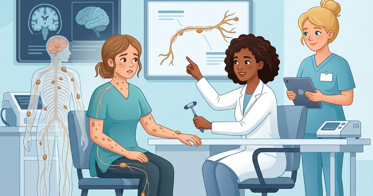 A young adult female patient in a neurology genetics clinic showing clinical features consistent with neurofibromatosis, while a neurologist-genetic specialist performs a comprehensive neurological and skin examination with nurse support, featuring a subtle nervous system overlay highlighting peripheral nerve sheath involvement and benign neurofibroma growths along nerve pathways in a calm clinical setting.