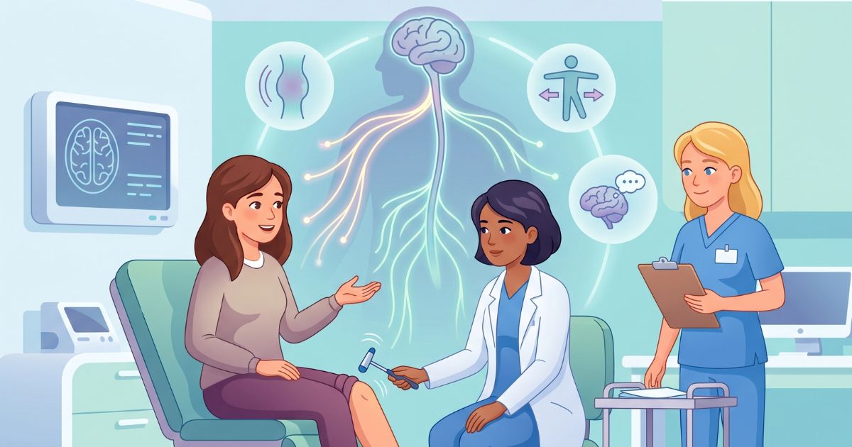 Illustration of a patient undergoing a comprehensive neurological evaluation, with a neurologist performing diagnostic assessments and a subtle overlay highlighting the brain, spinal cord, and peripheral nervous system during the diagnostic process.