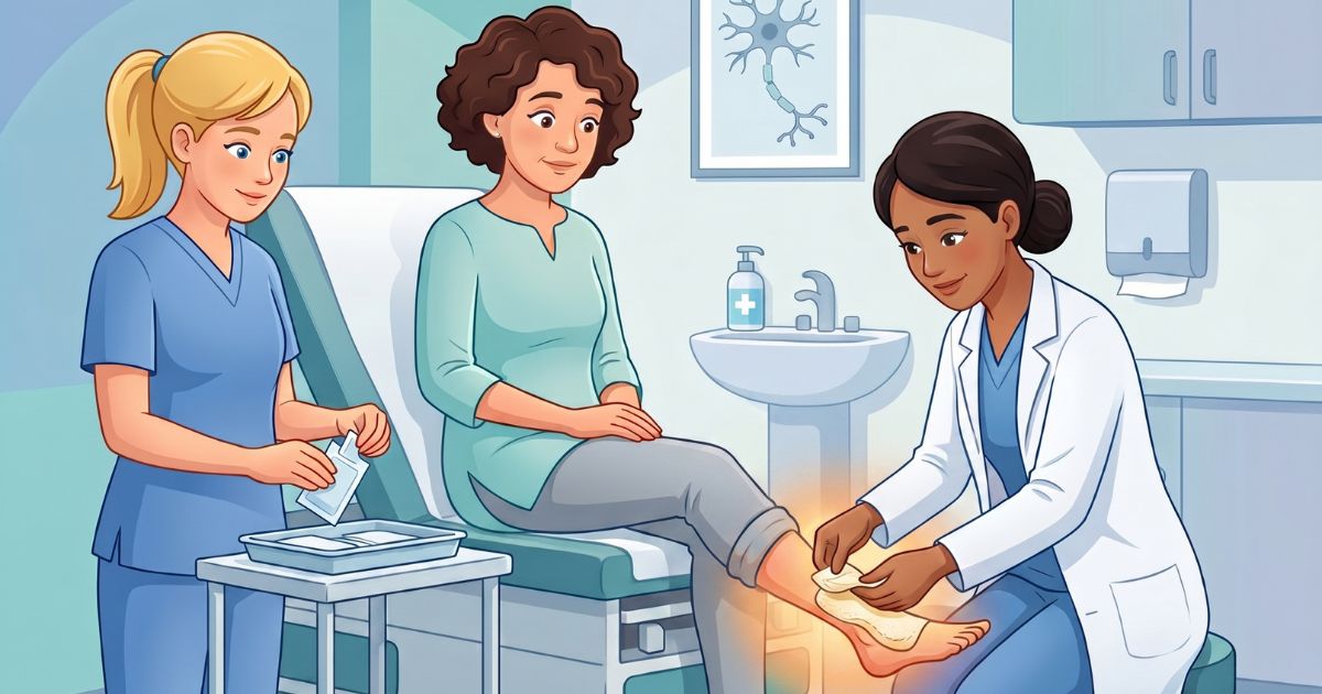 A female patient receiving Qutenza (capsaicin) patch treatment in a modern neurology clinic, with a neurologist gently applying a therapeutic patch to the lower leg while a nurse assists in a calm, clean clinical environment with a subtle warm treatment effect at the application site.