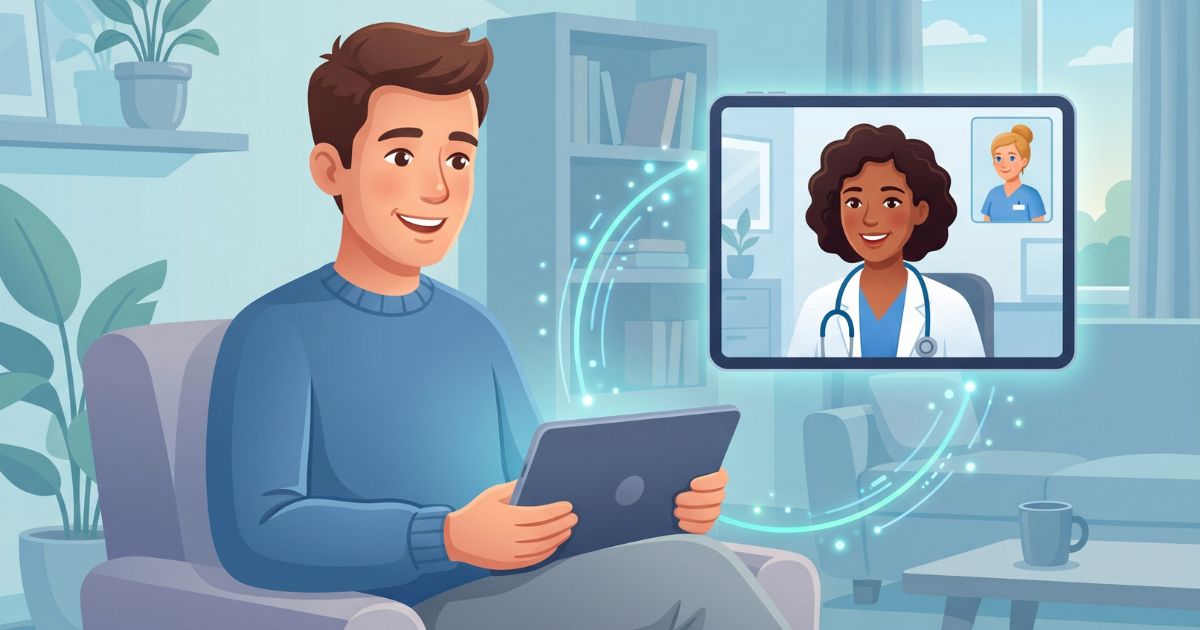 A male patient having a telehealth neurology consultation from home on a laptop or tablet, connected via video call with a neurologist in a calm, professional virtual medical setting with a subtle visual sense of digital connection.