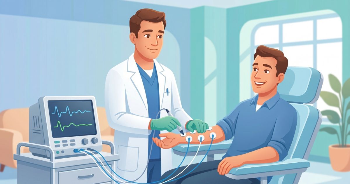 Neurology clinic where a doctor performs a nerve conduction study (EMG/NCS) on a seated male patient with electrodes attached to the arm and monitoring equipment displaying waveform activity.