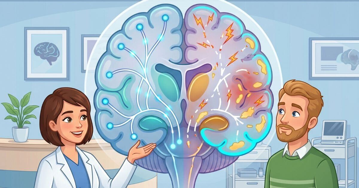 What_Happens_Inside_the_Brain_During_a_Neurological_Disorder Illustration showing a neurologist explaining how the brain functions, featuring a large brain with healthy and disrupted neural pathways to represent changes that occur during neurological disorders.